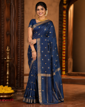 Navy Blue Soft Cotton Saree with Premium Zari Border for Women