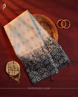 PSTS02.1 Ivory Navy Blue Tussar Silk Saree with Printed Designer Pallu