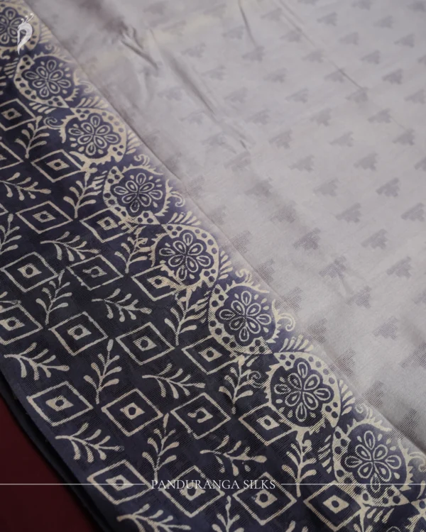 Ivory Navy Blue Tussar Silk Saree with Printed Designer Pallu